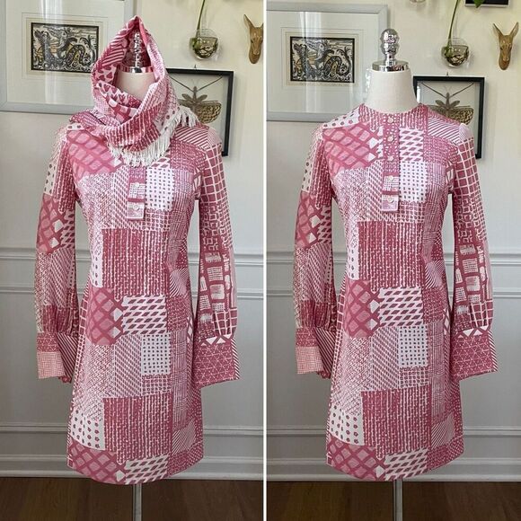 Vintage 70s Mauve Pink White Retro Print Shift Dress Scarf XS S - Picture 1 of 10